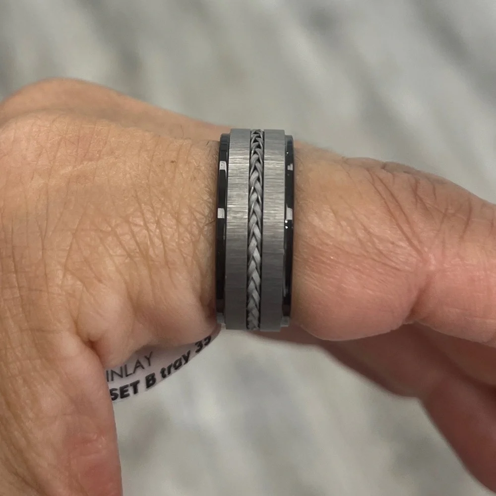 8mm black Tungsten with Braided Steel Rope Inlay Eternity Tungsten Wedding Band